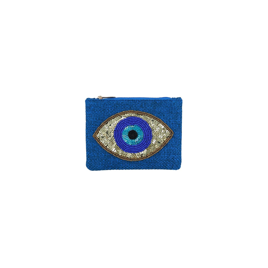Mouftah El Chark Golden Evil Eye Beaded Mini Cotton Pouch in Royal Blue