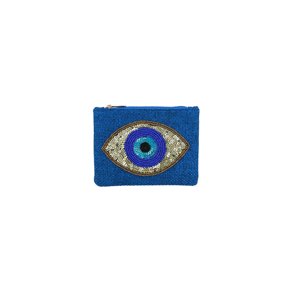 Golden Evil Eye Beaded Mini Cotton Pouch in Royal Blue