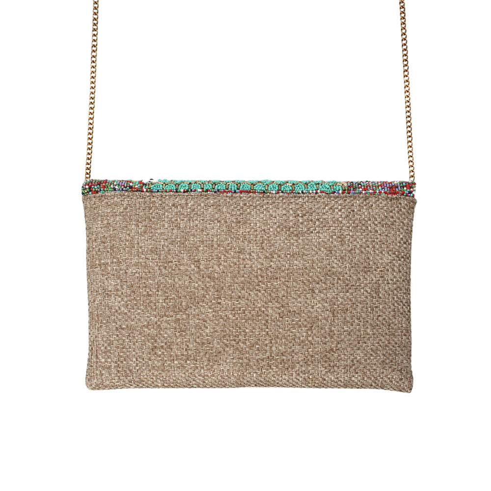 Bee Flowers Beige Beaded Bag