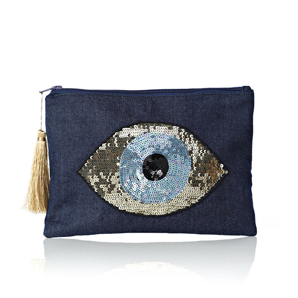 Sequinned Jeans Evil Eye Pouch Bag