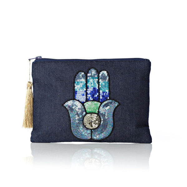 Sequinned Jeans Hamsa Pouch Bag