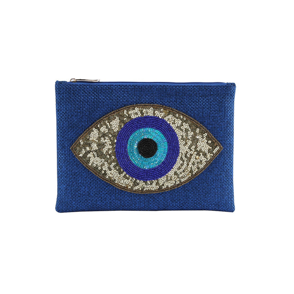 Golden Evil Eye Beaded Cotton Pouch in Royal Blue