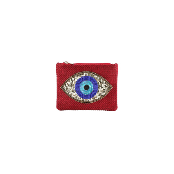 Golden Evil Eye Beaded Cotton Pouch in Red