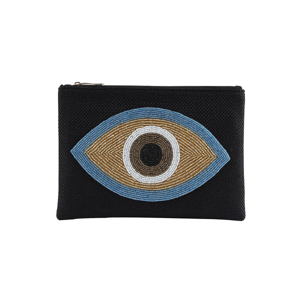 Black Beaded Cotton Pouch with Gold Evil Eye
