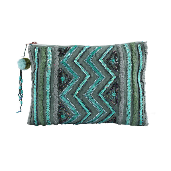 Blue Zigzag Beaded Cotton Pouch
