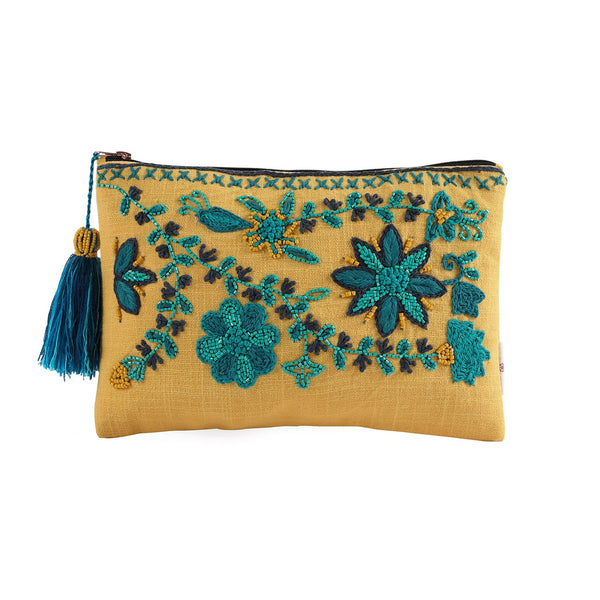 Flowery Beaded Cotton Pouch in Blue & Yellow