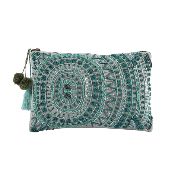 Green & Beige Beaded Cotton Pouch