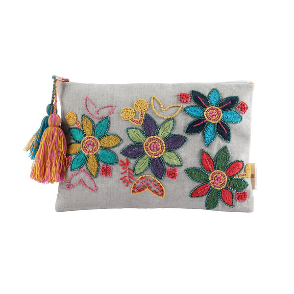 Flowery Beaded Cotton Pouch