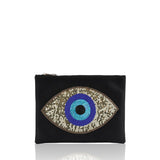 Golden Evil Eye Beaded Cotton Pouch in Black