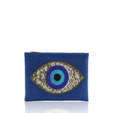 Golden Evil Eye Beaded Cotton Pouch in Royal Blue