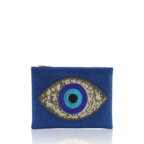 Golden Evil Eye Beaded Cotton Pouch in Royal Blue