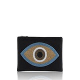 Black Beaded Cotton Pouch with Gold Evil Eye