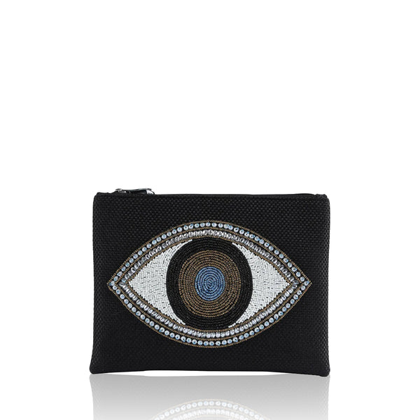 Silvery Evil Eye Beaded Cotton Pouch in Black