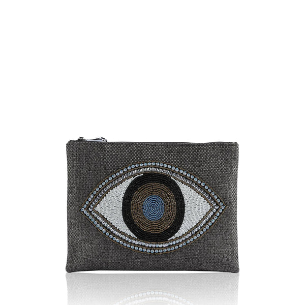 Silvery Evil Eye Beaded Cotton Pouch in Grey