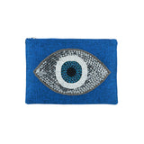 Mouftah El Chark Silver Evil Eye Beaded Cotton Pouch in Royal Blue