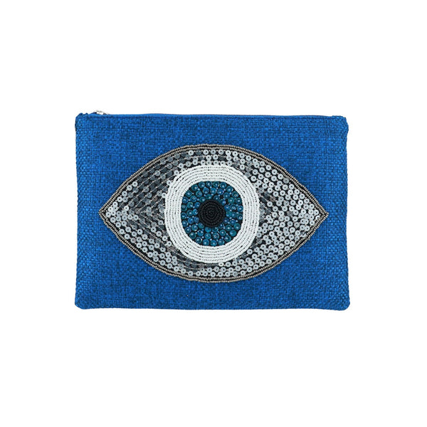 Silver Evil Eye Beaded Cotton Pouch in Royal Blue