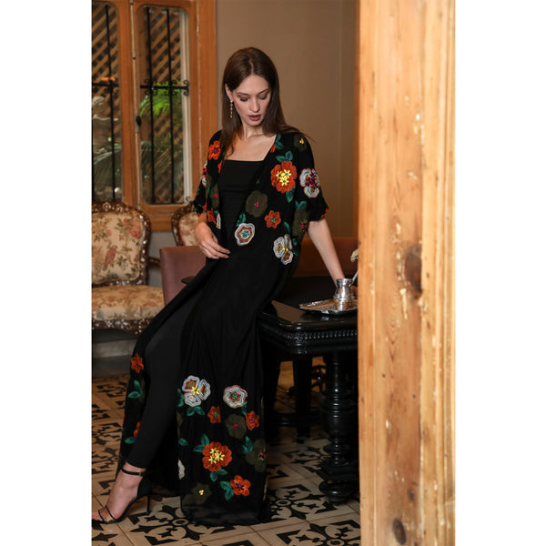 Crochet Flowers Black Abaya