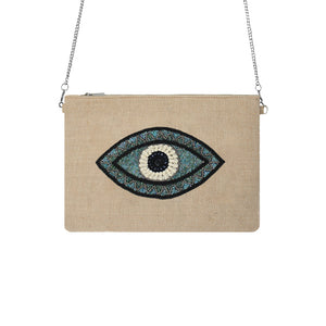 Turquoise Eye Beige Beaded Bag