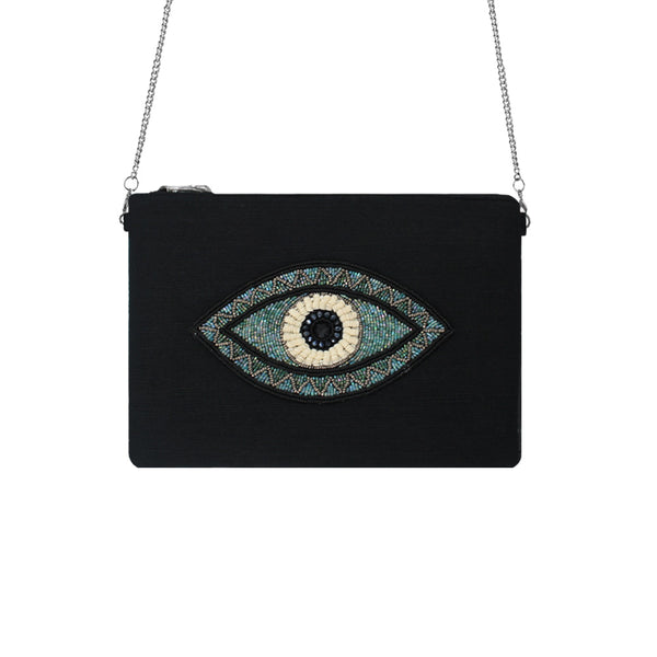 Turquoise Eye Black Beaded Bag