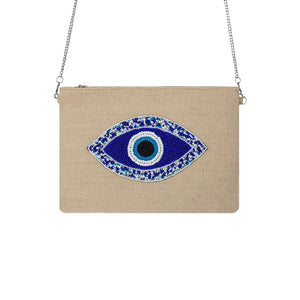 Blue Eye Beige Beaded Bag