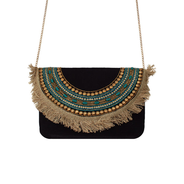 Pearls With Tassels Black Beaded Bag