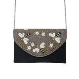 Bee Flowers Black Beaded Bag