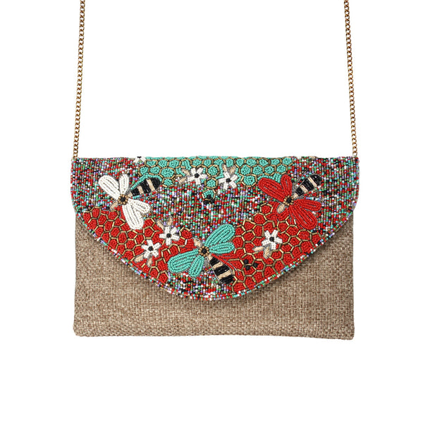 Bee Flowers Beige Beaded Bag