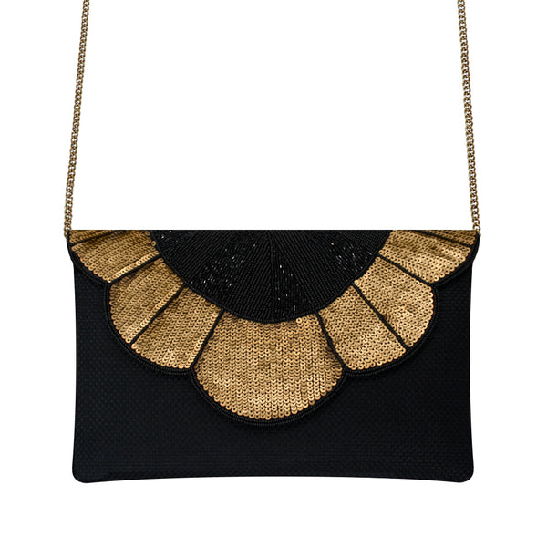 Gold Flower Black Beaded Bag