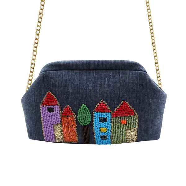 Beaded Houses Navy Blue Clutch