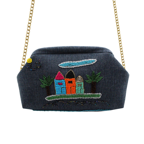 Beaded Sea Village Navy Blue Clutch