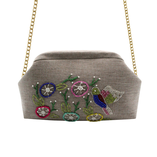 Beaded Bird & Flowers Beige Clutch