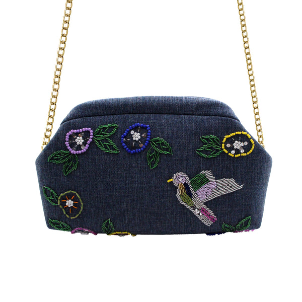 Beaded Bird & Flowers Navy Blue Clutch