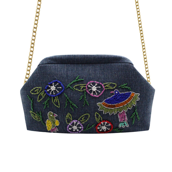 Flowers & Eagle Navy Blue Clutch