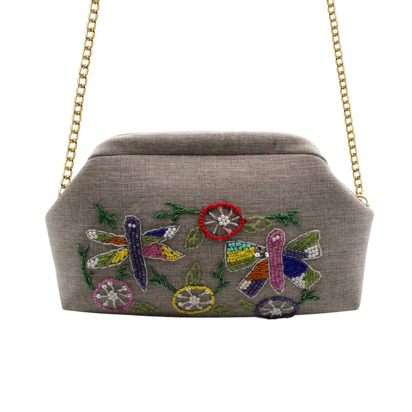 Flowers & Dragonfly Beige Clutch