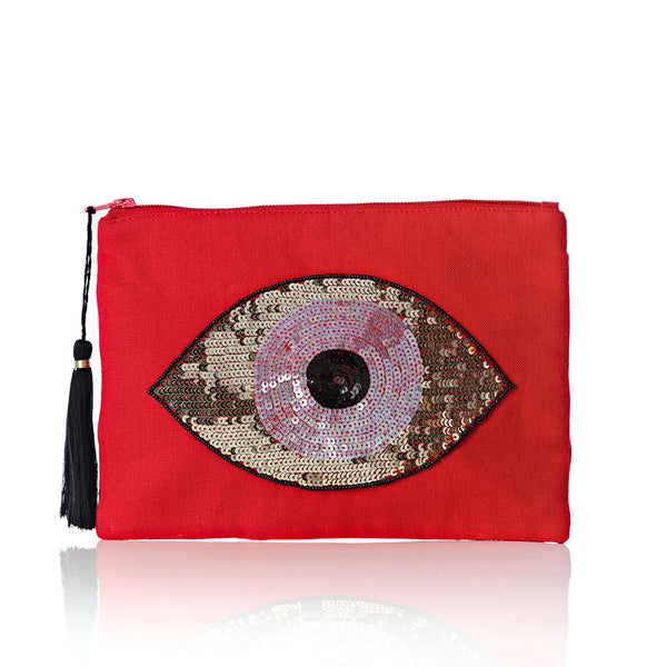 Sequinned Red Evil Eye Pouch Bag