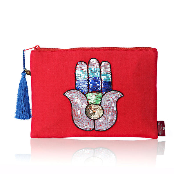 Sequinned Red Hamsa Pouch Bag