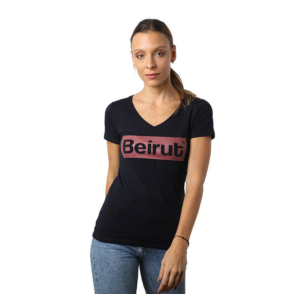 Beirut Burgundy on Navy Blue V-neck T-shirt