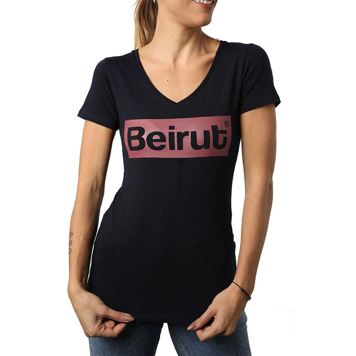 Beirut Burgundy on Navy Blue V-neck T-shirt