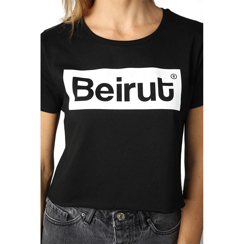Beirut White on Black Crew Neck Crop Top