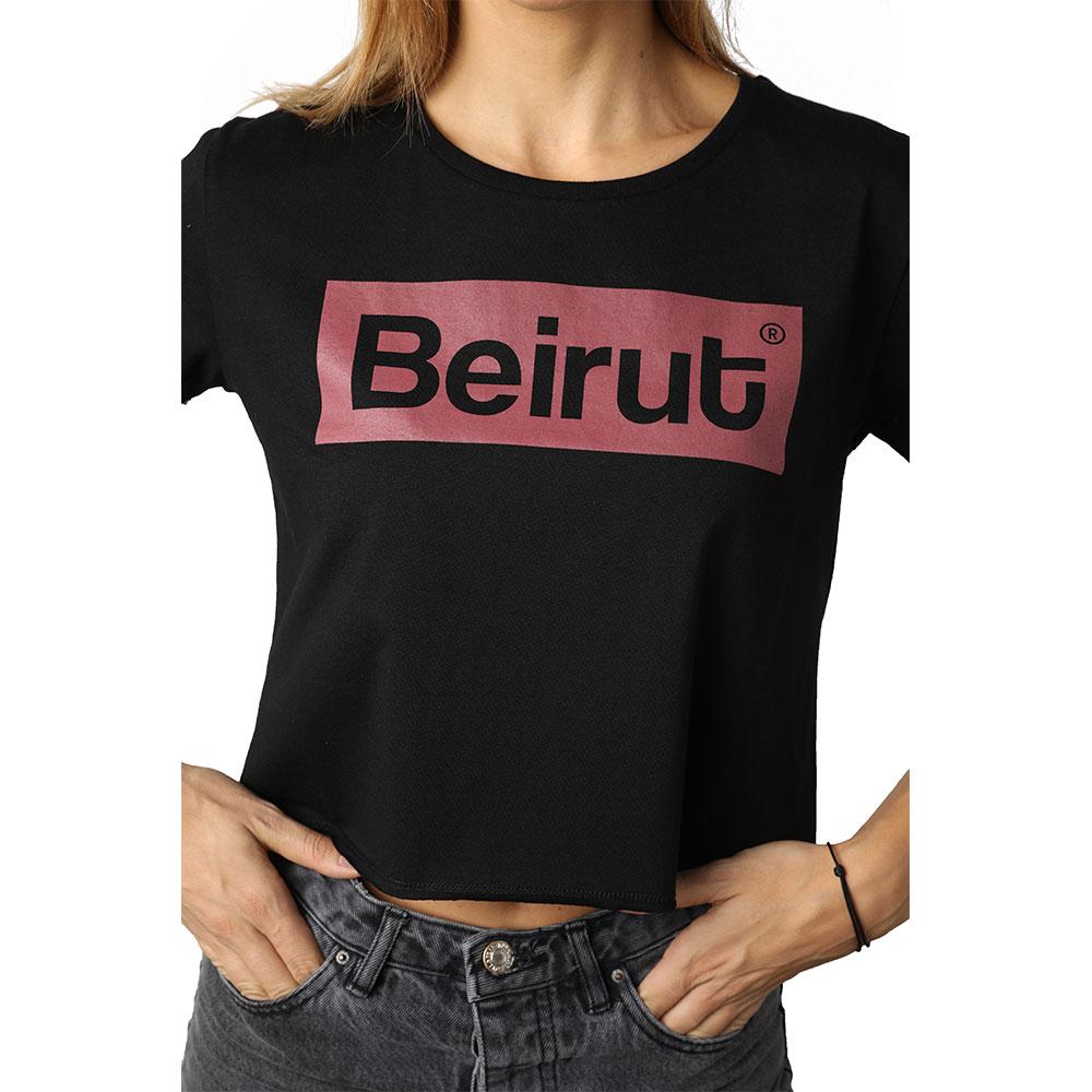 Beirut Burgundy on Black Crew Neck Crop Top