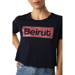 Beirut Burgundy on Navy Blue Crew Neck Crop Top