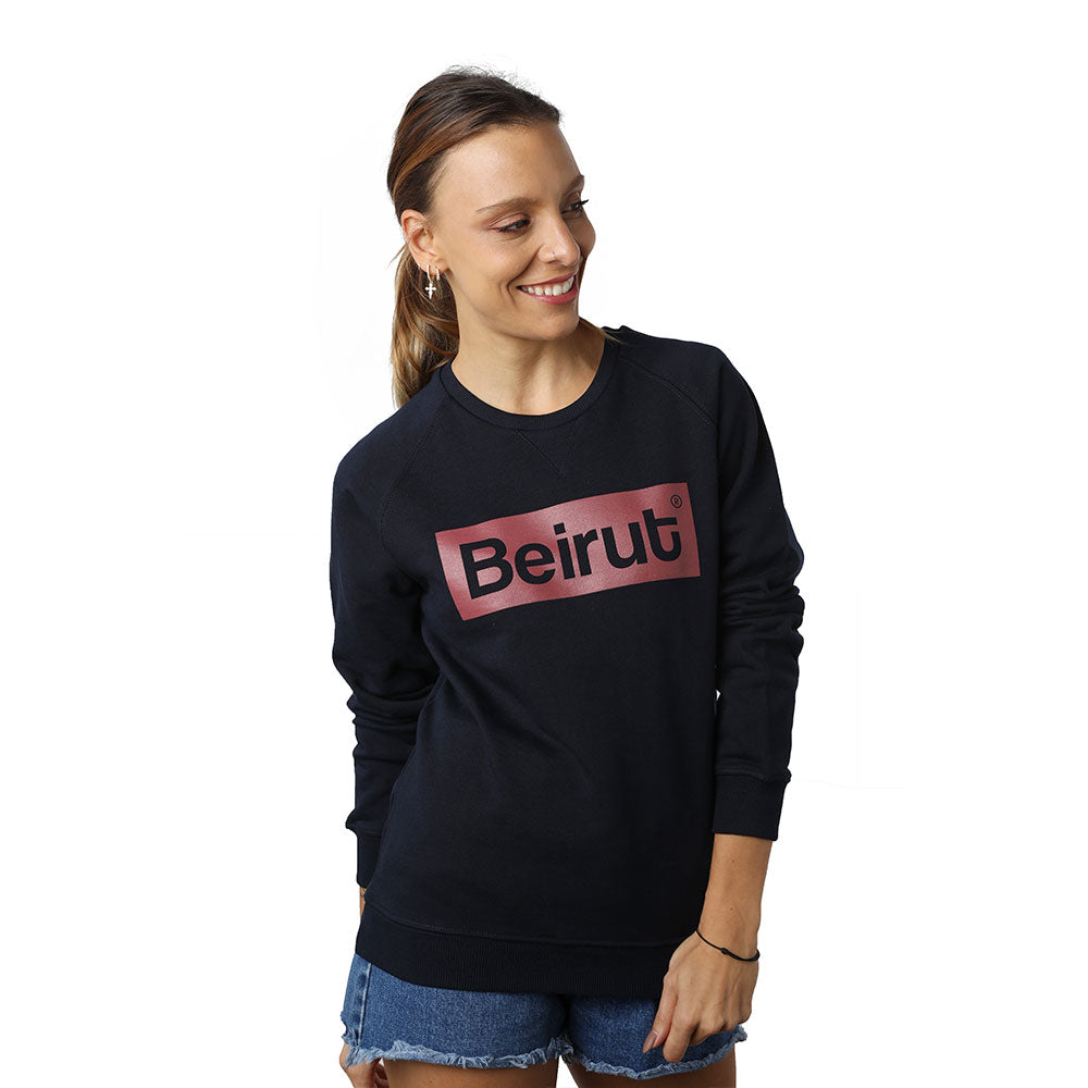 Beirut Burgundy on Navy Blue Sweater