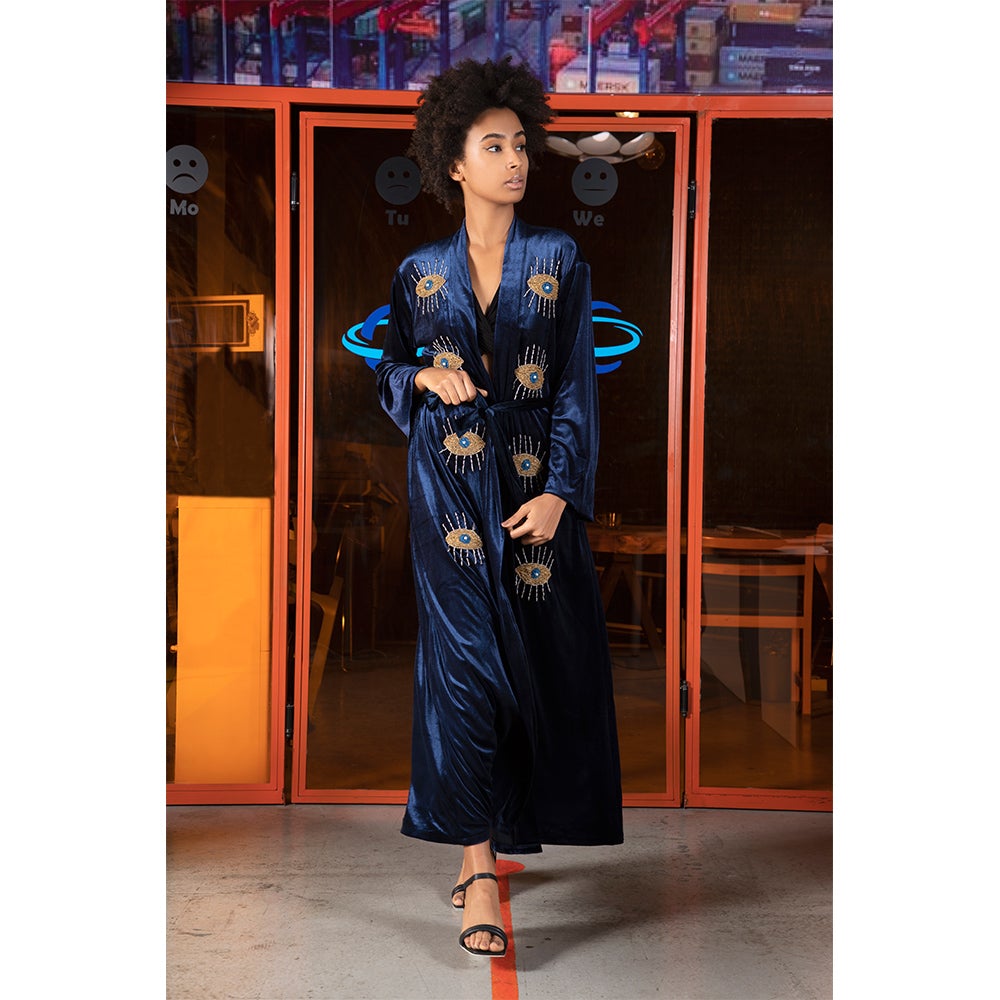 Beaded Eyes Navy Blue Velvet Abaya Beaded Eyes Navy Blue Velvet Abaya