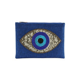 Mouftah El Chark Golden Evil Eye Beaded Cotton Pouch in Royal Blue 