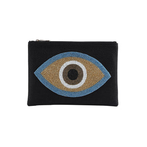 Mouftah El Chark Black Beaded Cotton Pouch with Gold Evil Eye