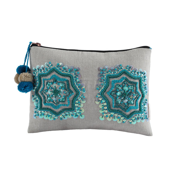 Orchid Beaded Cotton Pouch in Blue