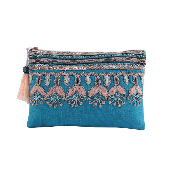 Turquoise & Pink Beaded Cotton Pouch