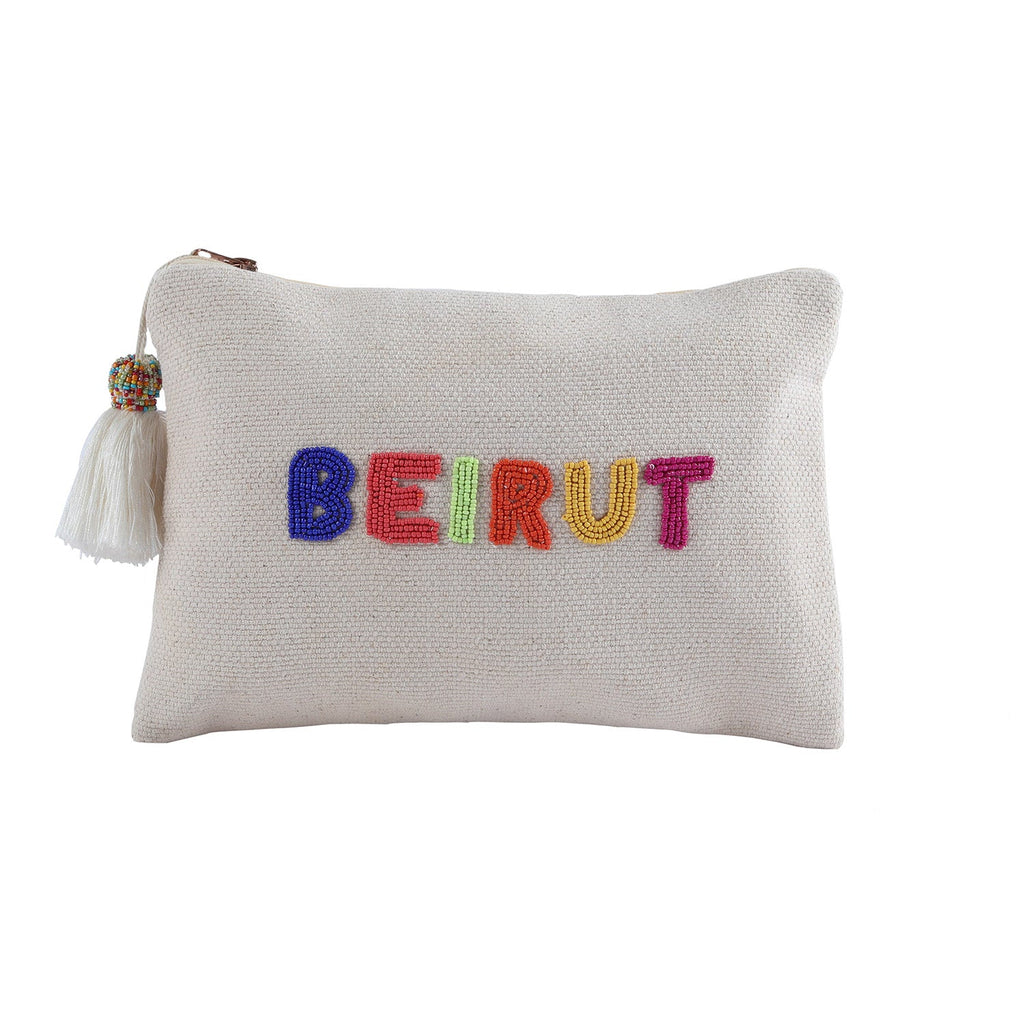 Mouftah El Chark Beirut Beaded Cotton Pouch in Beige