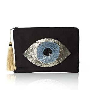 Sequinned Black Evil Eye Pouch Bag
